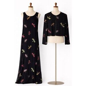 Vintage New Options Butterfly Dragonfly Maxi Dress Jacket Beaded Sequin Medium
